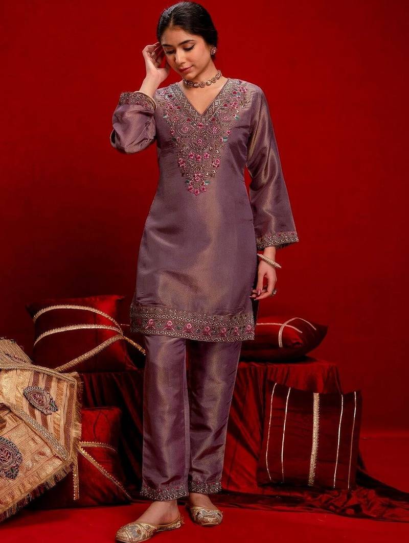 Embroidered Dusty Mauve Silk Blend Co Ords for Women