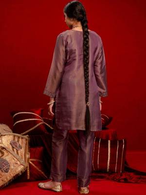 Embroidered Dusty Mauve Silk Blend Co Ords for Women 2
