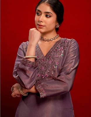 Embroidered Dusty Mauve Silk Blend Co Ords for Women 6