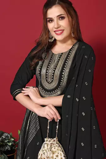 floral yoke design sequinned kurta with trousers & dupatta