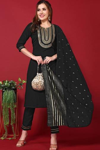 Floral Yoke Design Sequinned Kurta With Trousers & Dupatta