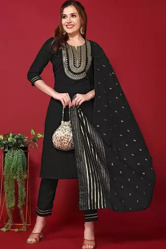 floral yoke design sequinned kurta with trousers & dupatta