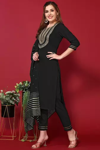 floral yoke design sequinned kurta with trousers & dupatta