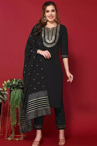 floral yoke design sequinned kurta with trousers & dupatta
