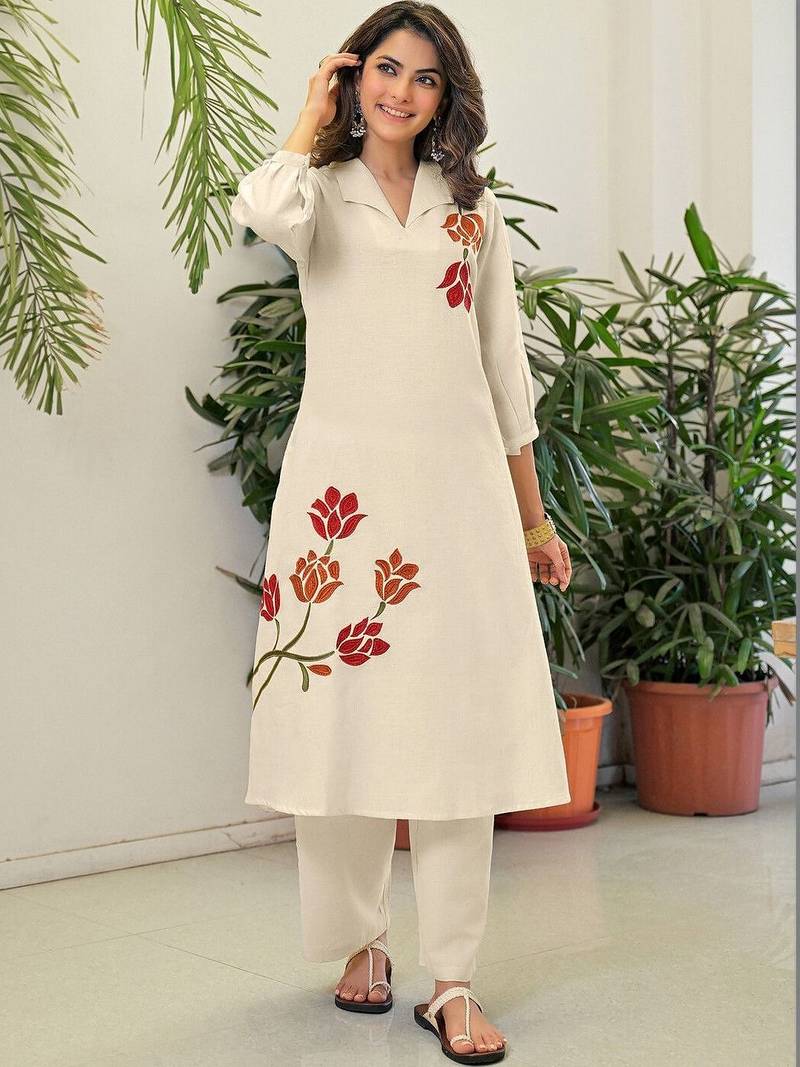 Embroidered Off White Cotton Blend Co Ords for Women