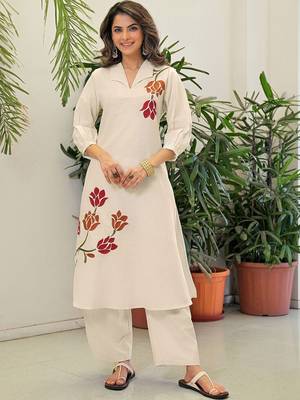 Embroidered Off White Cotton Blend Co Ords for Women 2
