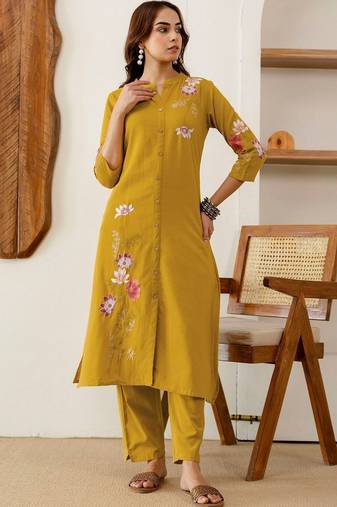 Embroidered Mustard Yellow Viscose Rayon Co Ords for Women