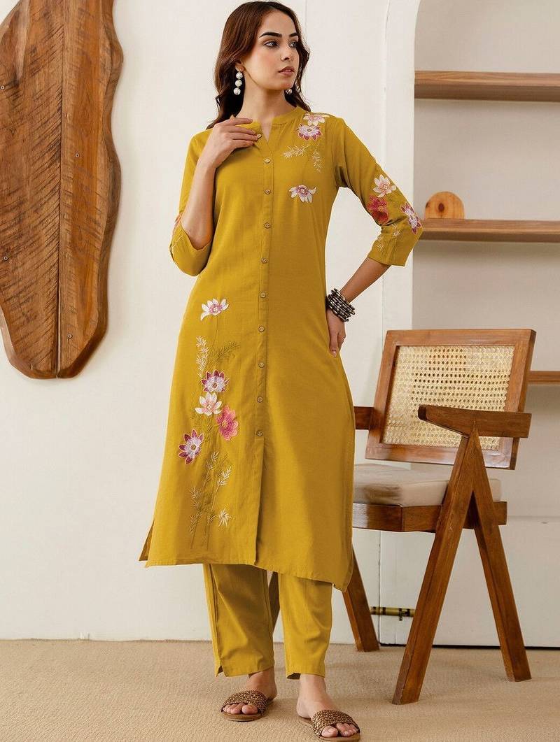 Embroidered Mustard Yellow Viscose Rayon Co Ords for Women