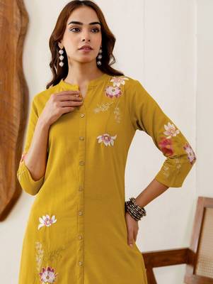Embroidered Mustard Yellow Viscose Rayon Co Ords for Women 2