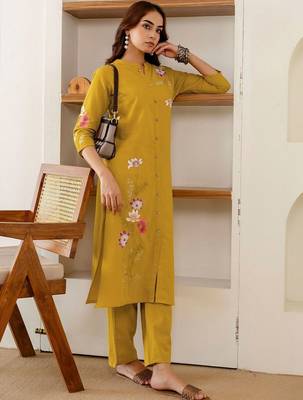 Embroidered Mustard Yellow Viscose Rayon Co Ords for Women 4
