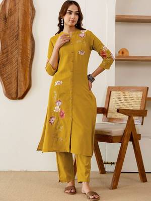 Embroidered Mustard Yellow Viscose Rayon Co Ords for Women 5