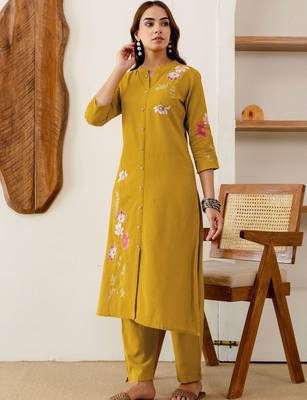 Embroidered Mustard Yellow Viscose Rayon Co Ords for Women 6