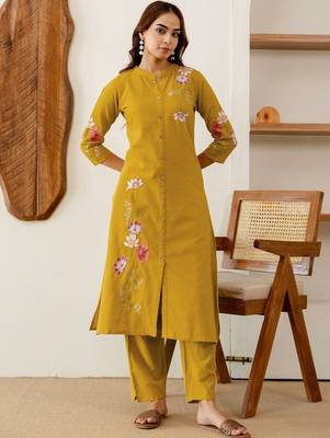 Embroidered Mustard Yellow Viscose Rayon Co Ords for Women 7
