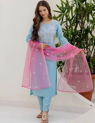 Floral Embroidered Thread Work Straight Kurta With Trousers & Dupatta 6