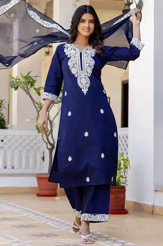 women floral embroidered kurta with palazzo & dupatta