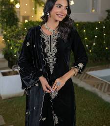 Women Ethnic Motifs Embroidered Regular Thread Work Velvet Kurta with Trousers & With Dupatta