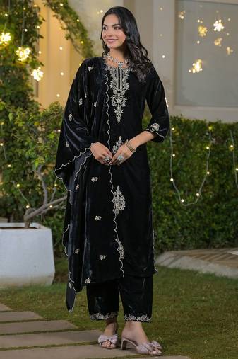 Women Ethnic Motifs Embroidered Regular Thread Work Velvet Kurta with Trousers & With Dupatta