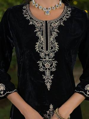 Women Ethnic Motifs Embroidered Regular Thread Work Velvet Kurta with Trousers & With Dupatta 6