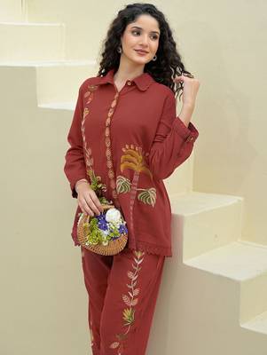 Embroidered Maroon Cotton Co Ords for Women 2