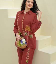 Embroidered Maroon Cotton Co Ords for Women