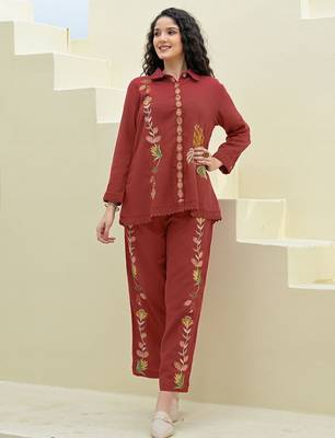 Embroidered Maroon Cotton Co Ords for Women 1