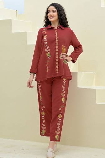 Embroidered Maroon Cotton Co Ords for Women