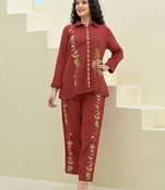 Embroidered Maroon Cotton Co Ords for Women