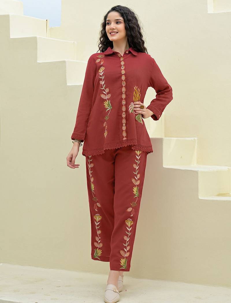 Embroidered Maroon Cotton Co Ords for Women