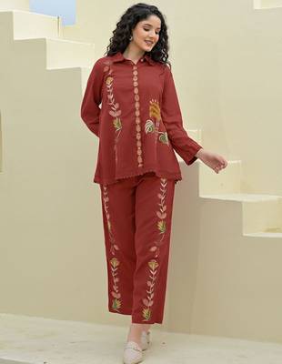 Embroidered Maroon Cotton Co Ords for Women 3