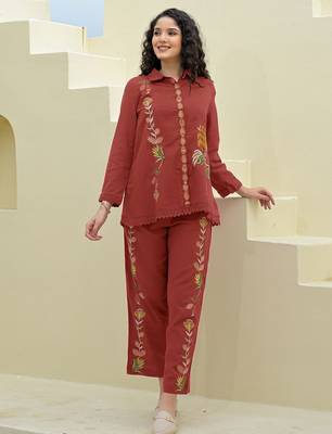 Embroidered Maroon Cotton Co Ords for Women 4