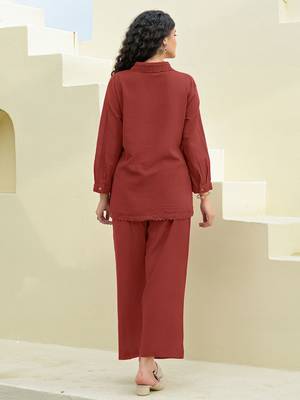 Embroidered Maroon Cotton Co Ords for Women 5