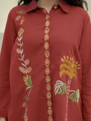 Embroidered Maroon Cotton Co Ords for Women 6