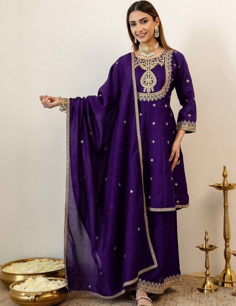 Women Ethnic Motifs Embroidered Regular Kurta with Palazzos & With Dupatta