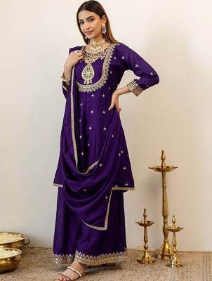 Women Ethnic Motifs Embroidered Regular Kurta with Palazzos & With Dupatta 6