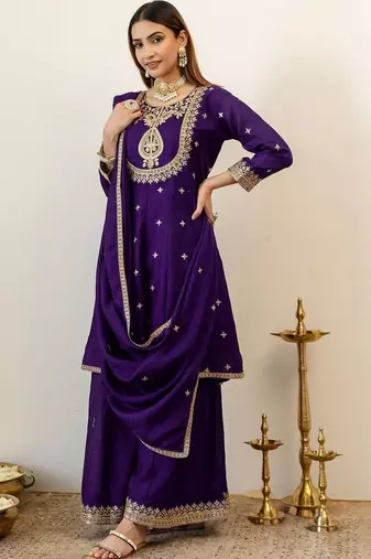 Women Ethnic Motifs Embroidered Regular Kurta with Palazzos & With Dupatta