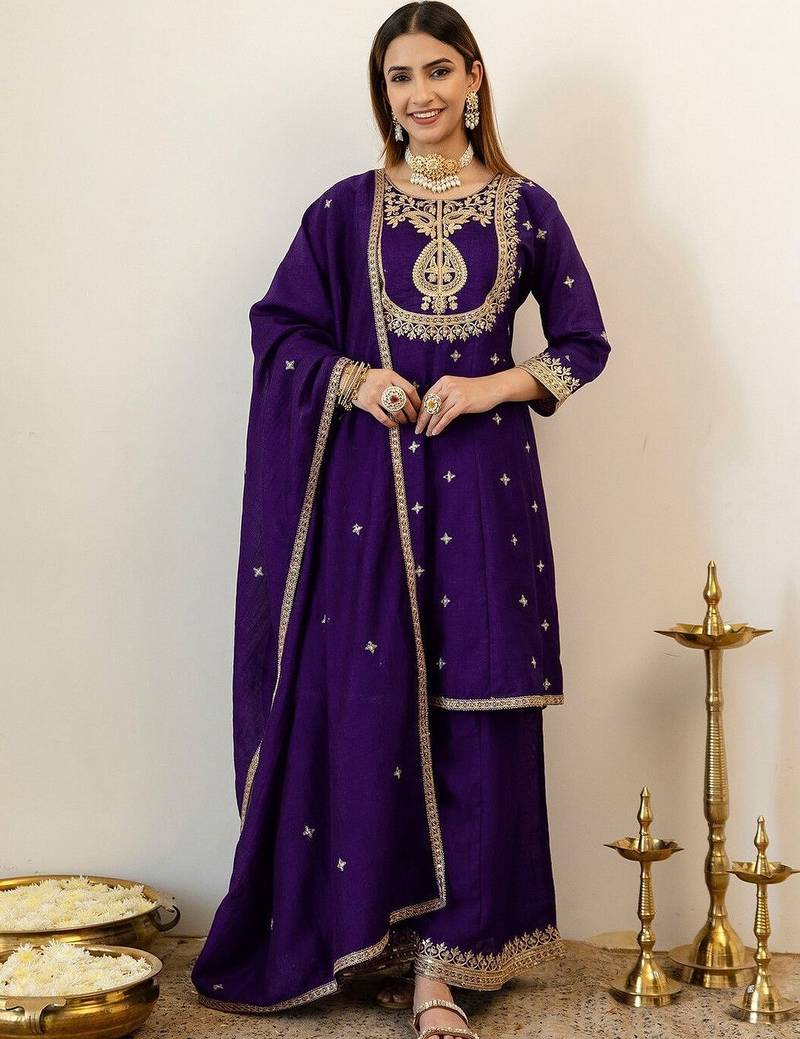 Women Ethnic Motifs Embroidered Regular Kurta with Palazzos & With Dupatta