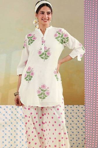 Printed White Cotton Blend Co Ords for Women