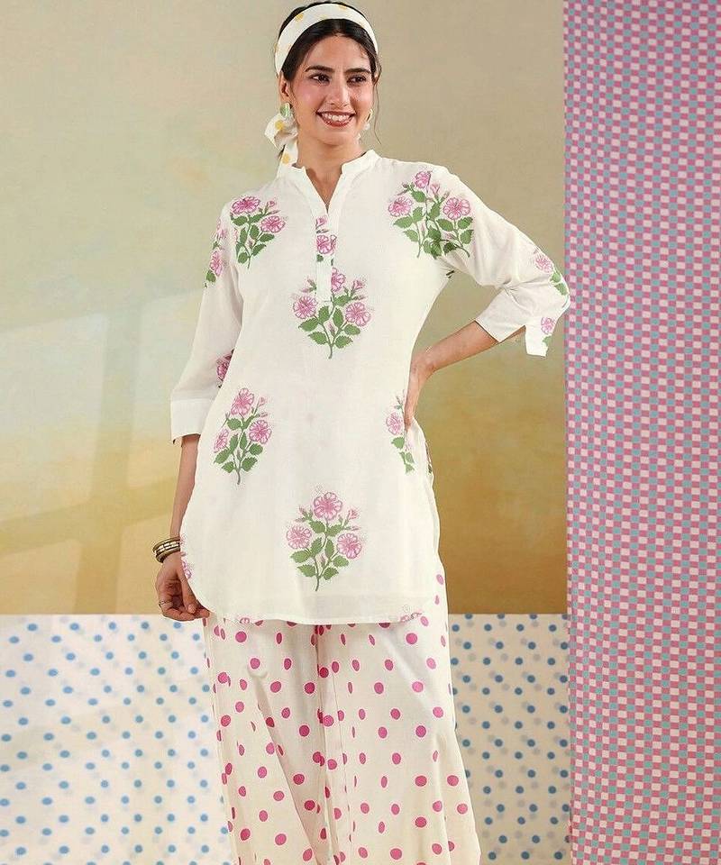 Printed White Cotton Blend Co Ords for Women