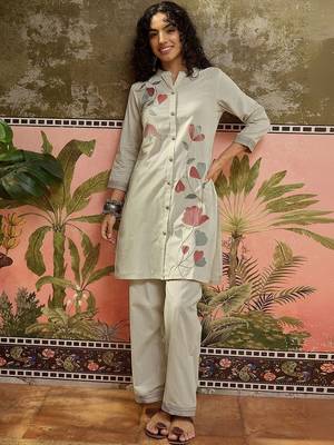 Embroidered Beige Viscose Rayon Co Ords for Women 1