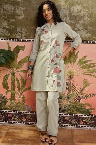Embroidered Beige Viscose Rayon Co Ords for Women