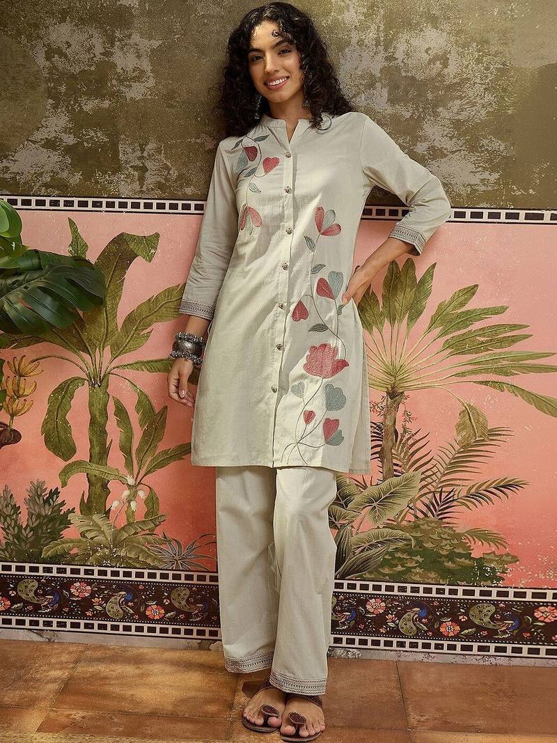 Embroidered Beige Viscose Rayon Co Ords for Women