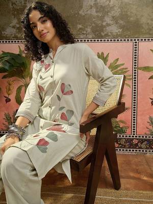 Embroidered Beige Viscose Rayon Co Ords for Women 5