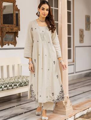 Embroidered Beige Cotton Blend Co Ords for Women 1