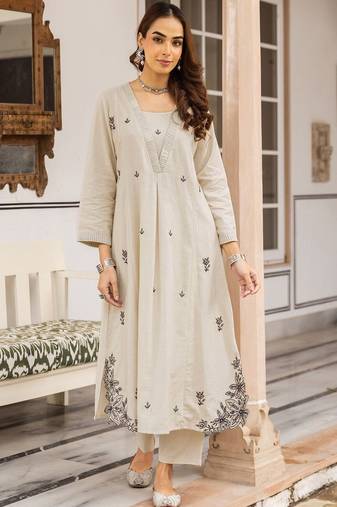 Embroidered Beige Cotton Blend Co Ords for Women
