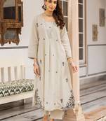 Embroidered Beige Cotton Blend Co Ords for Women