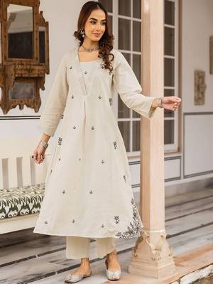 Embroidered Beige Cotton Blend Co Ords for Women 2
