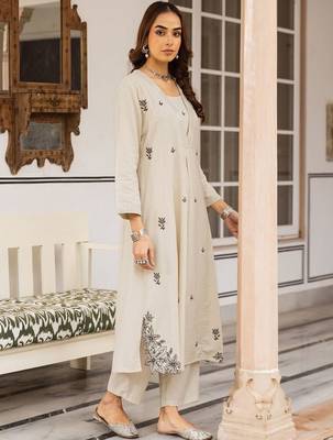 Embroidered Beige Cotton Blend Co Ords for Women 3