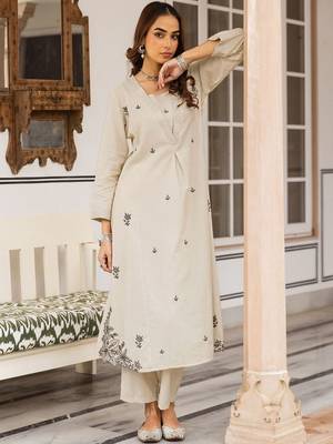 Embroidered Beige Cotton Blend Co Ords for Women 4