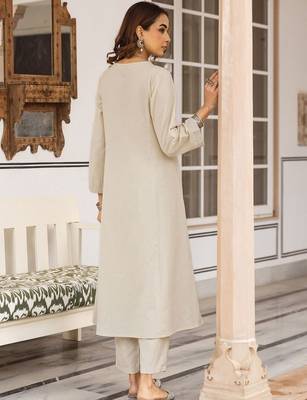 Embroidered Beige Cotton Blend Co Ords for Women 5