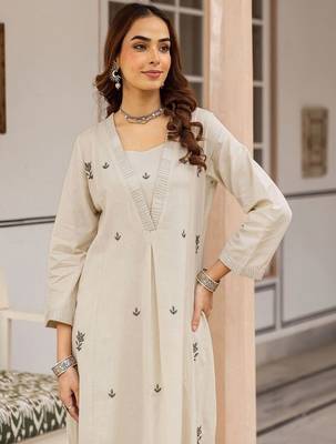 Embroidered Beige Cotton Blend Co Ords for Women 6